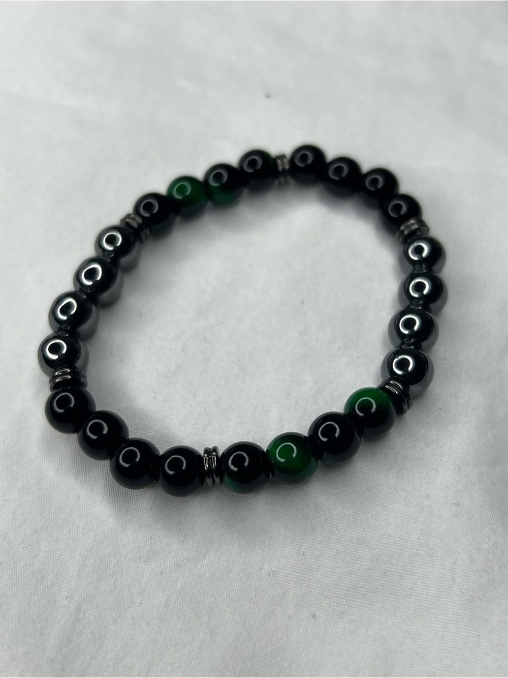Black zinc and Green Tiger eyeBeaded Stretch Bracelet